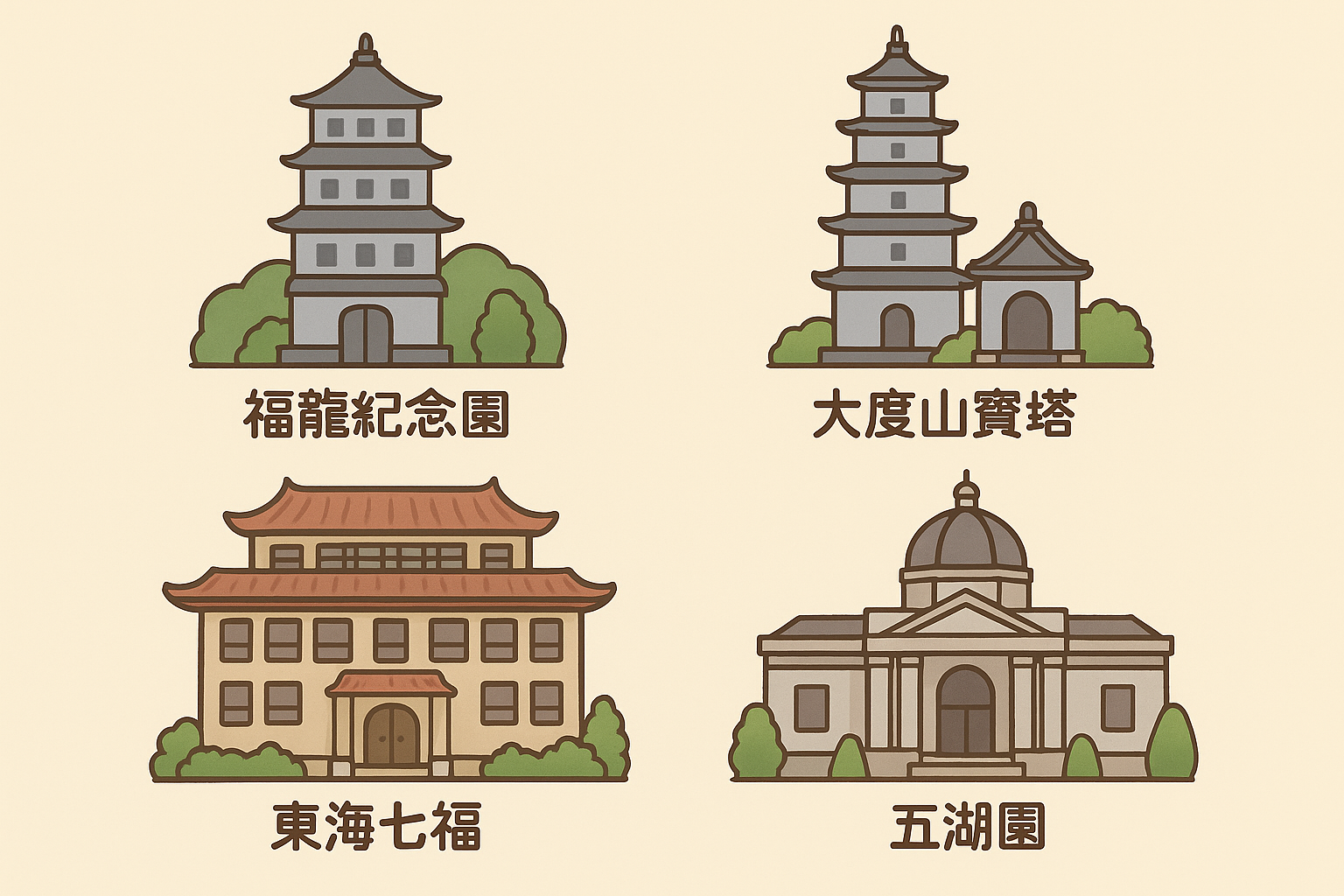 福龍紀念園、大度山寶塔、東海七福、五湖園中部塔園代表性建築