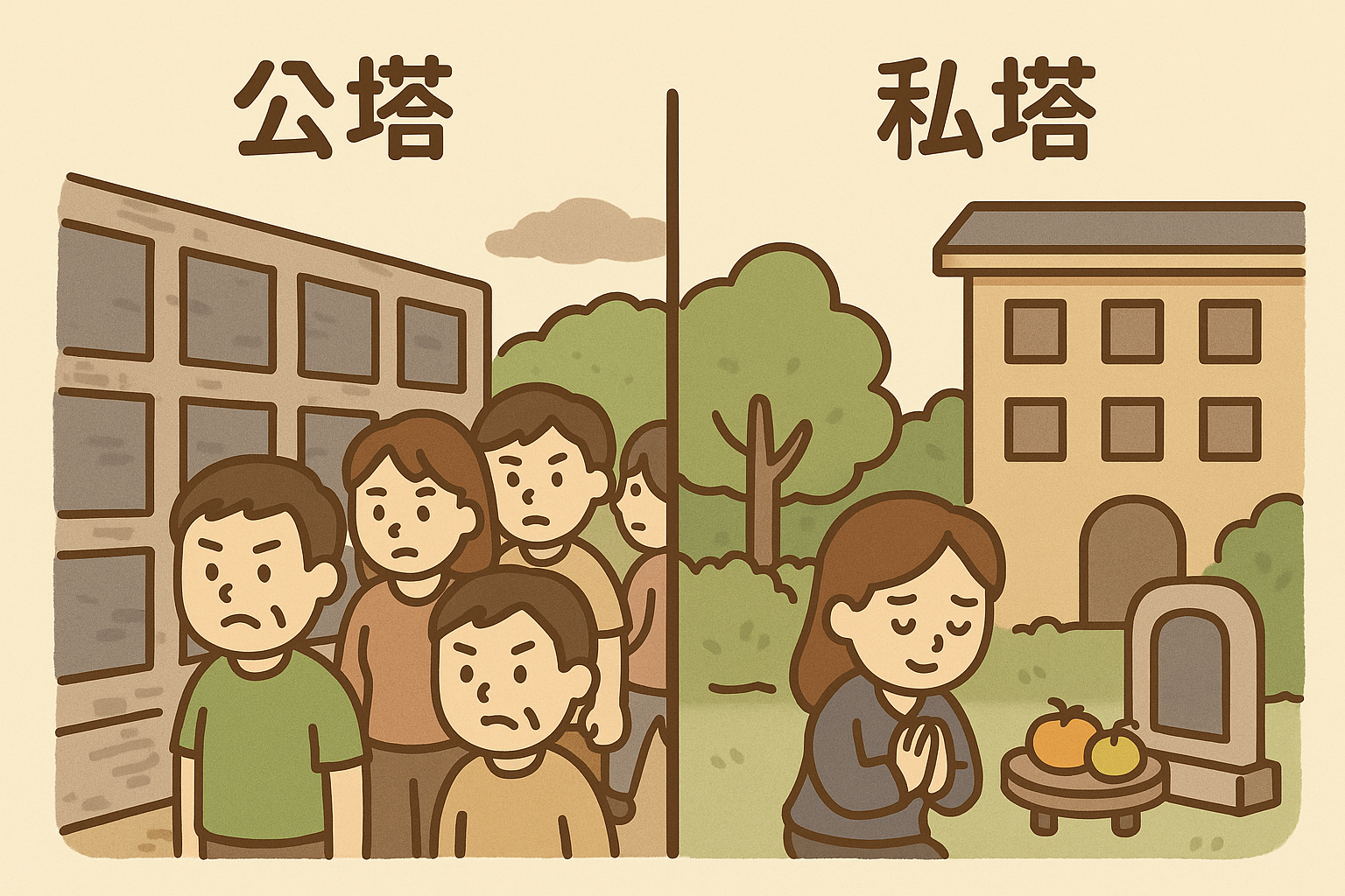公塔(人潮擁擠、牆面老舊)私塔(園區綠化、安靜祭拜)